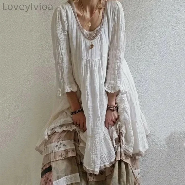 Vintage Solid Color Cotton Linen Comfy Midi Dress