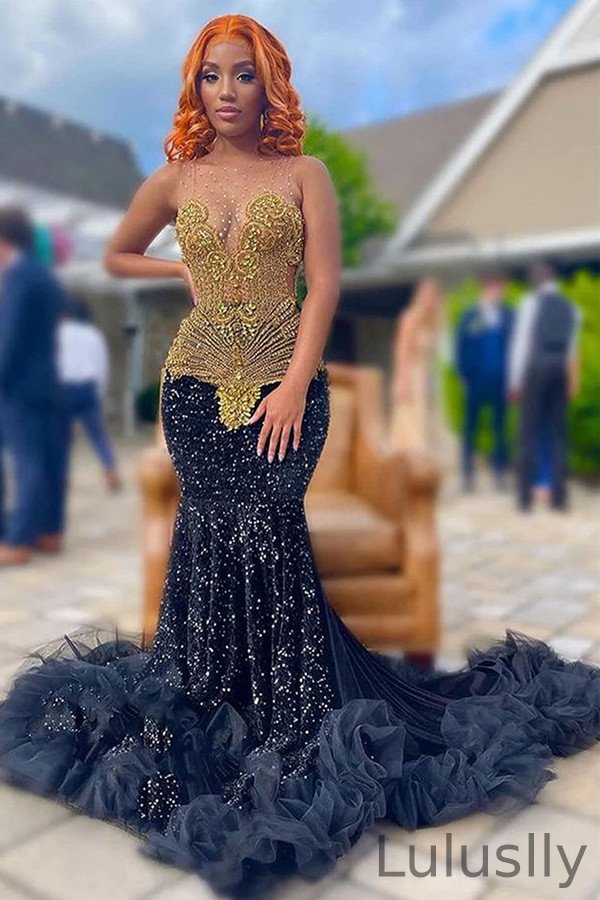 Luluslly Dark Navy Sequins Prom Dress Mermaid With Crystal Sleeveless