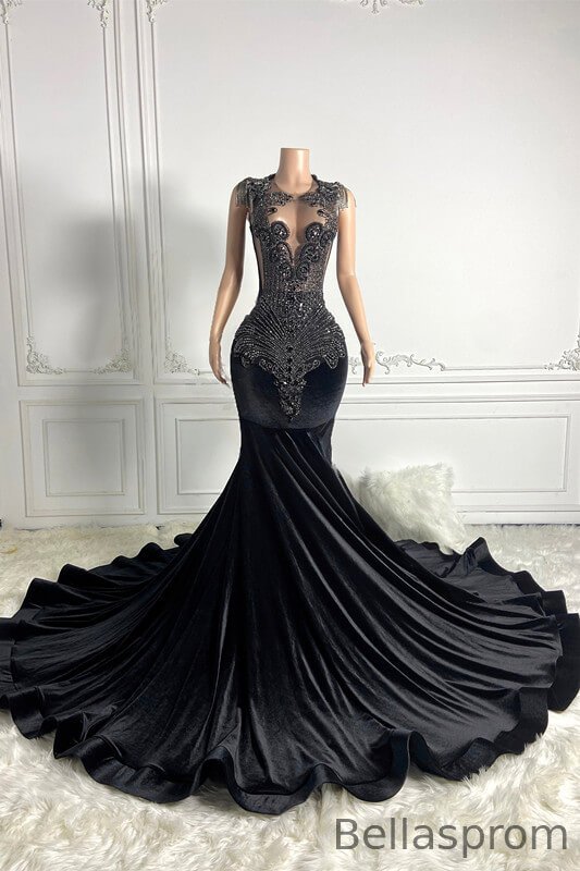 Bellasprom Scoop Sleeveless Black Mermaid Prom Dress With Beadings Tassels Bellasprom