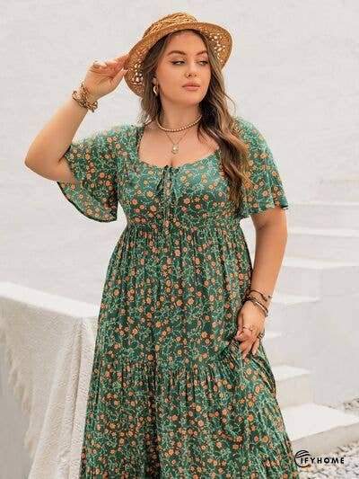 Plus Size Printed Short Sleeve Tiered Maxi Dress | IFYHOME