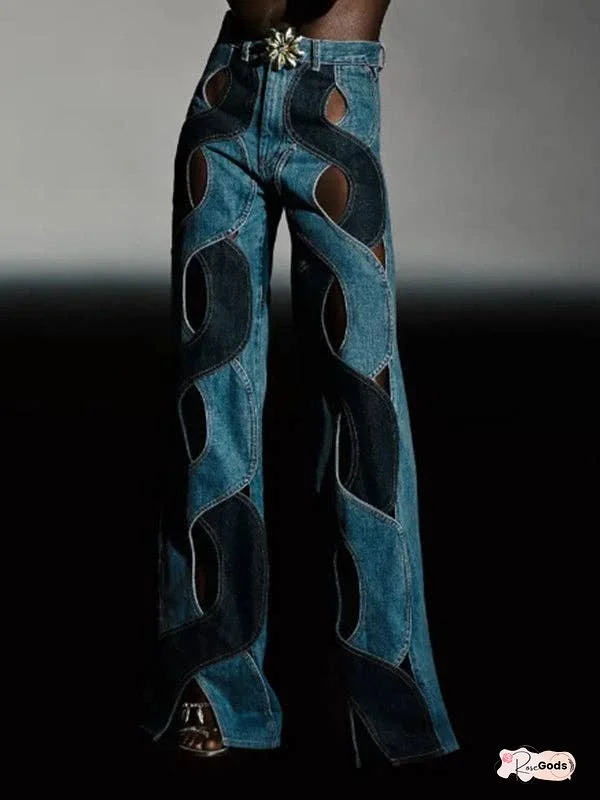 High Waisted Straight Leg Flower Shape Hollow Jean Pants Bottoms