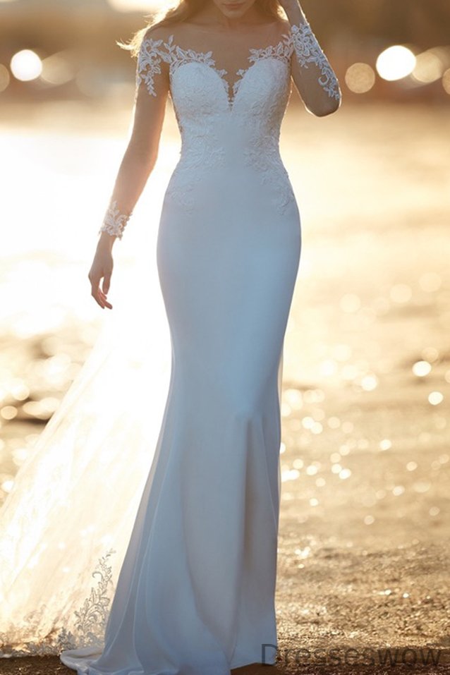 Dresseswow Long Sleeves Lace Wedding Dress Mermaid Satin Zipper Button Back