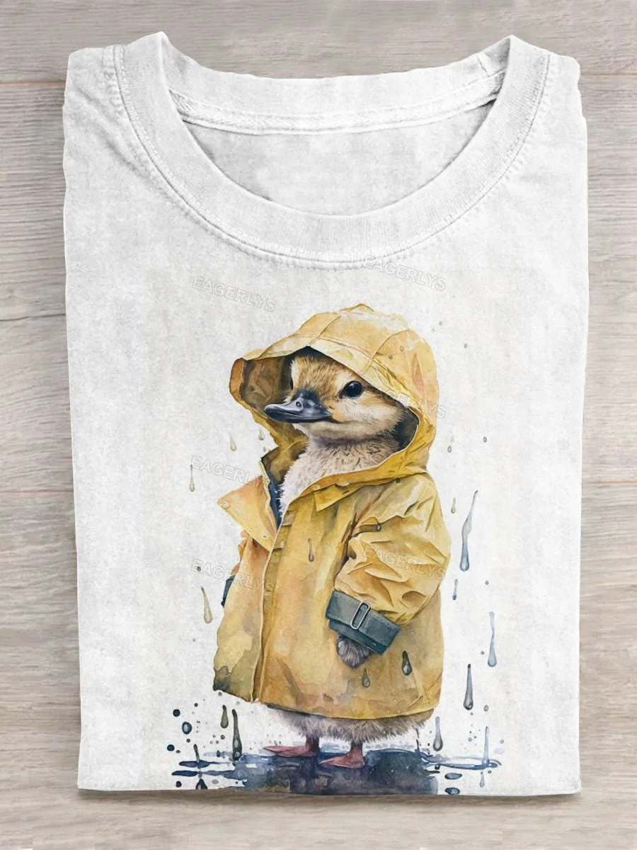 Eagerlys Funny Raincoat Duck Art Print Casual T-shirt Eagerlys