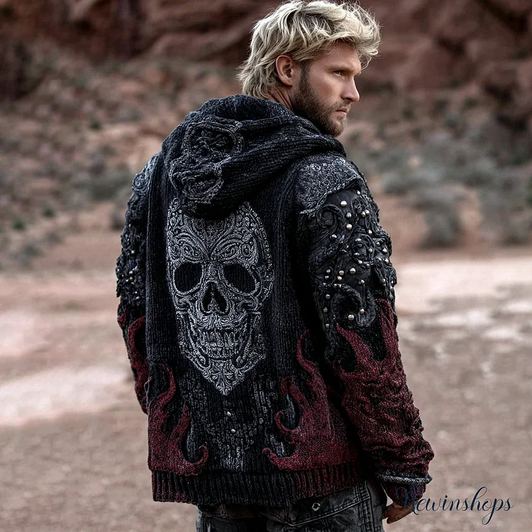 Men's Dark Style Skull And Flame Inspired Knitted Cozy Zipper Up Hooded Cardigan