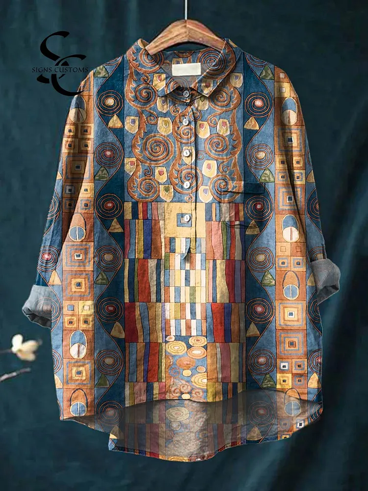 Women's Cotton Linen Casual Shirt with Bold Abstract Geometric Motif