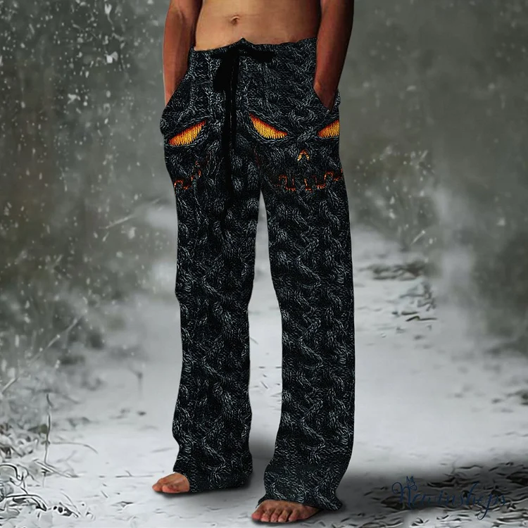 Halloween Evil Pumpkin Emoji Men's Chunky Knit Pants