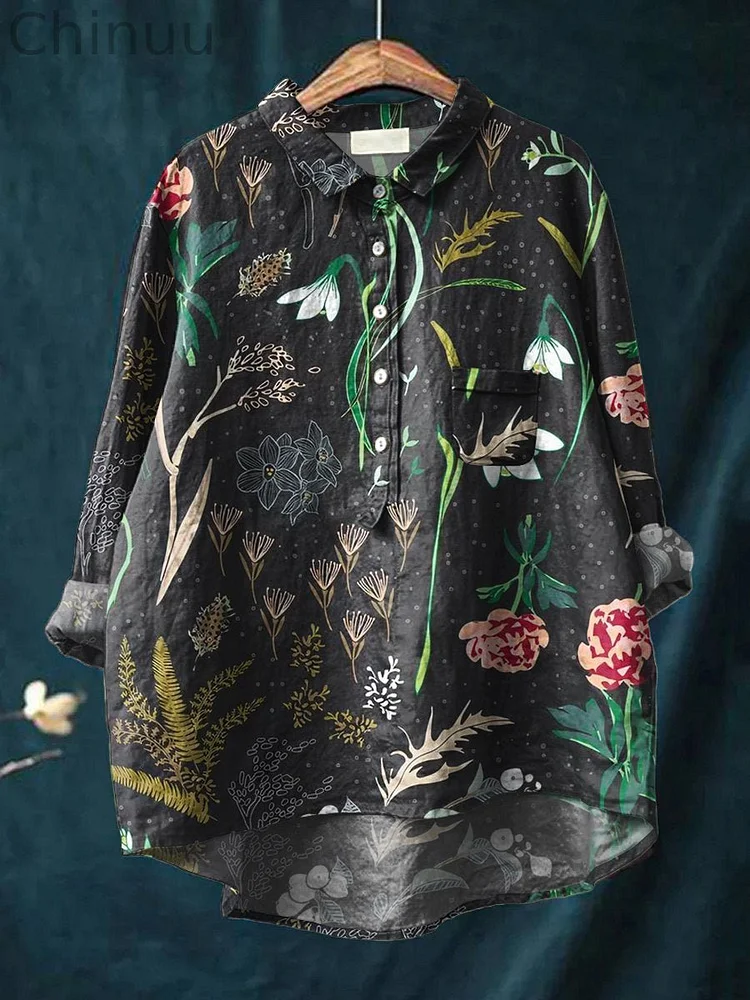 Women's Floral Art Print Casual Cotton And Linen Shirt