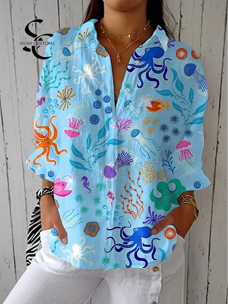 Women's  Vintage Octopus Art Print Casual Linen V-neck Shirt