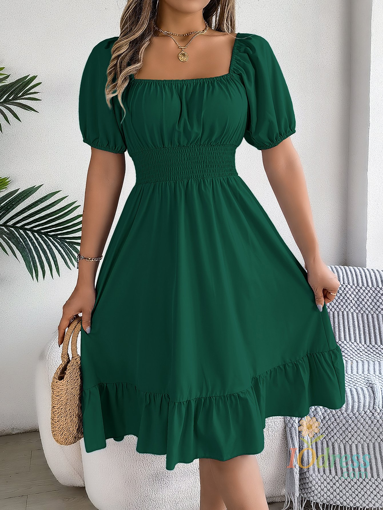 IO Dress 2024 New Fashion Solid Puff Sleeve Square Neck Ruched Bust Ruffle Hem Wasit Dress, Women's Clothing
