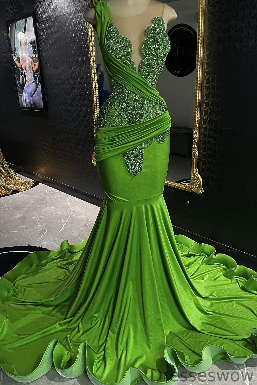 Dresseswow Green Sleeveless Scoop Prom Dress Mermaid Long With Beadings