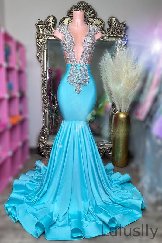 Luluslly Ocean Blue Sleeveless Mermaid Evening Gown With Beadings Online