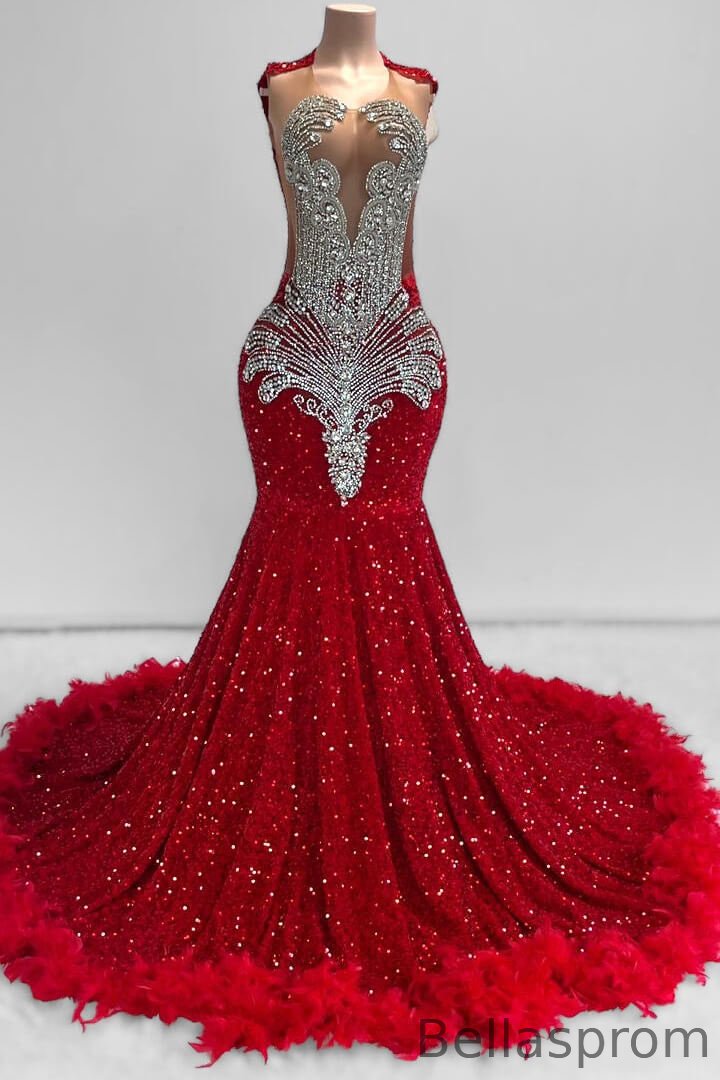 Bellasprom Red Sequins Sleeveless Mermaid Prom Dress With Beadings Feathers Bellasprom