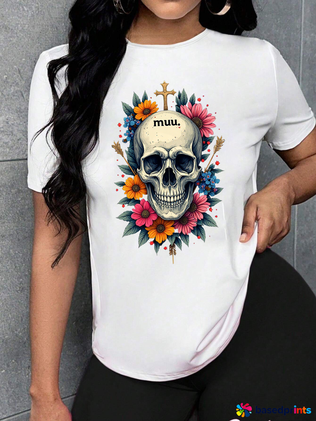Skull Floral Cross T-Shirt Women Casual Short Sleeve Tops