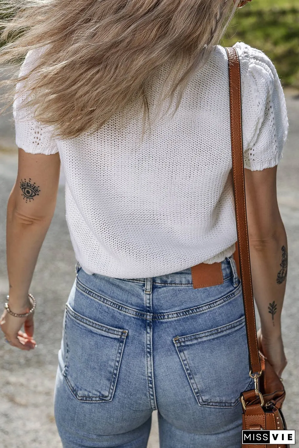 Pointelle Knit Short Puff Sleeve Crewneck Sweater