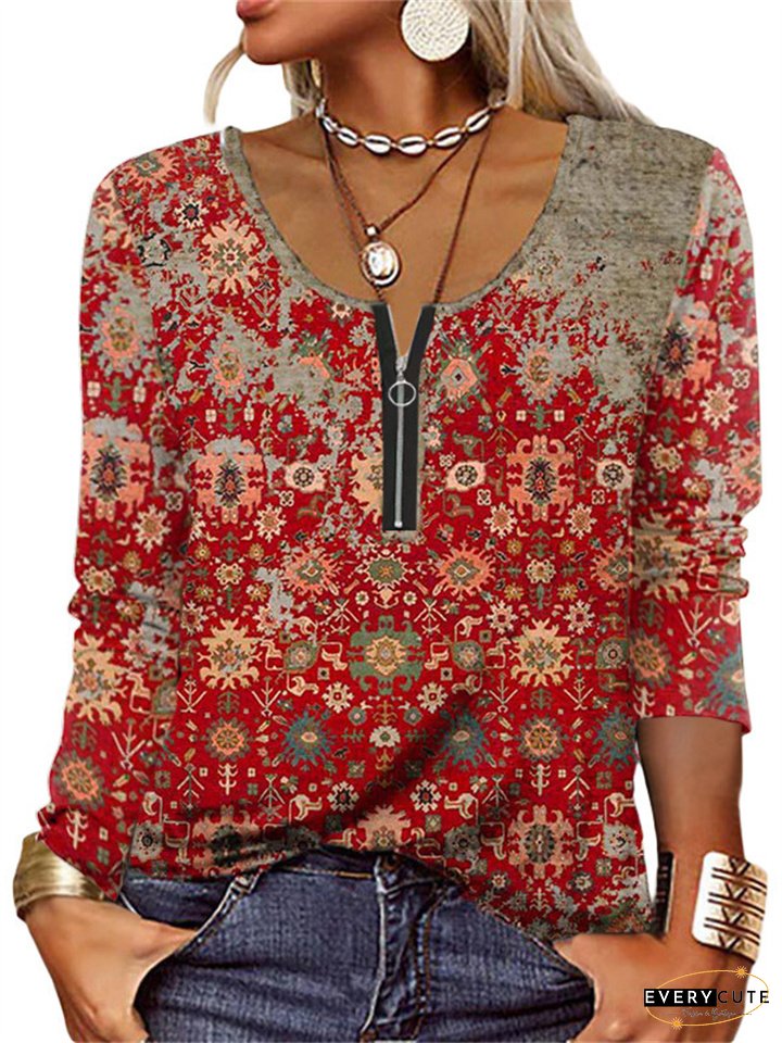 Womens Long Sleeve Zipper Ethnic Fashion T-Shirts Geometric Print Home Casual Neck