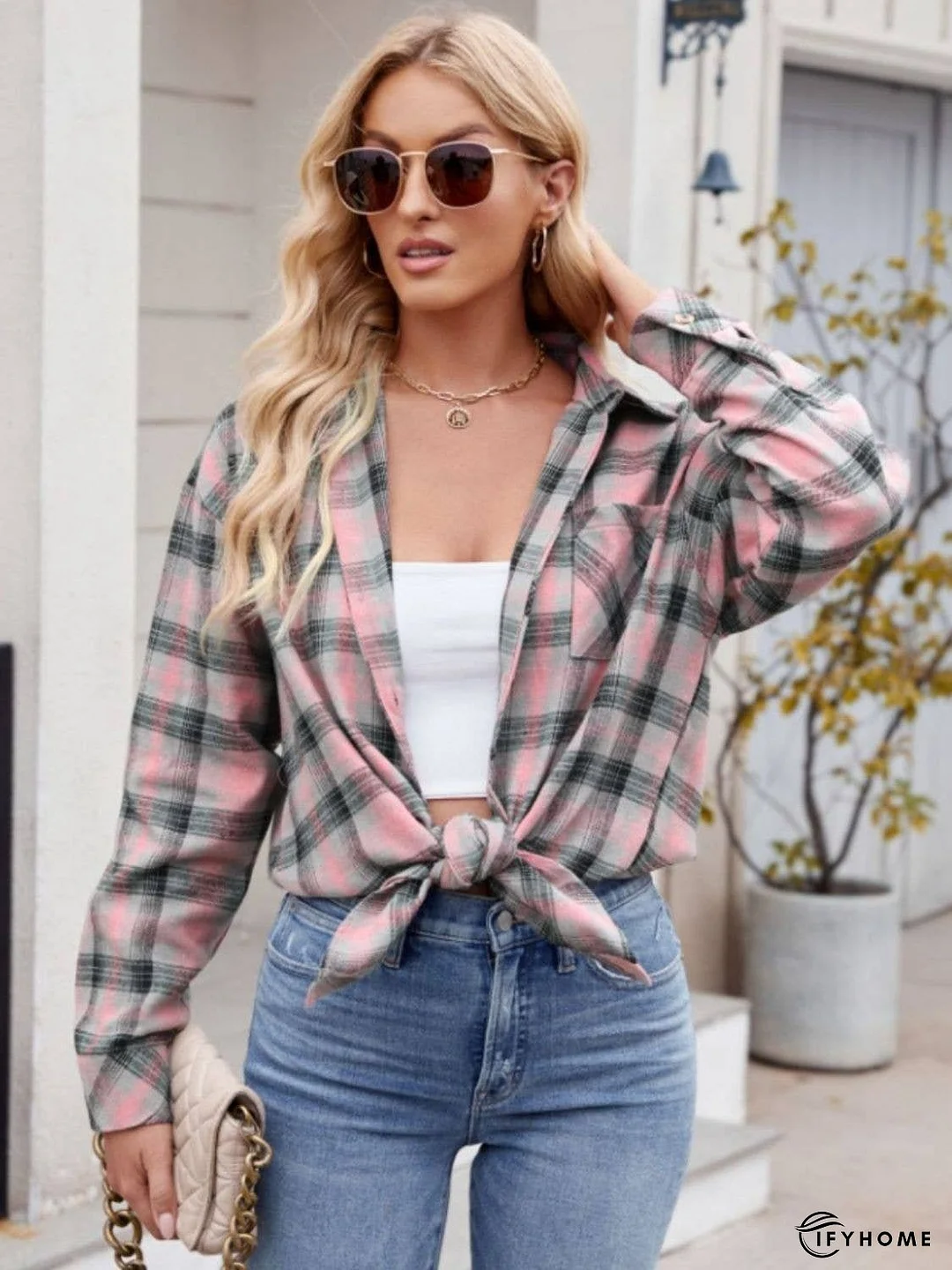 Pocketed Plaid Collared Neck Long Sleeve Shirt | IFYHOME