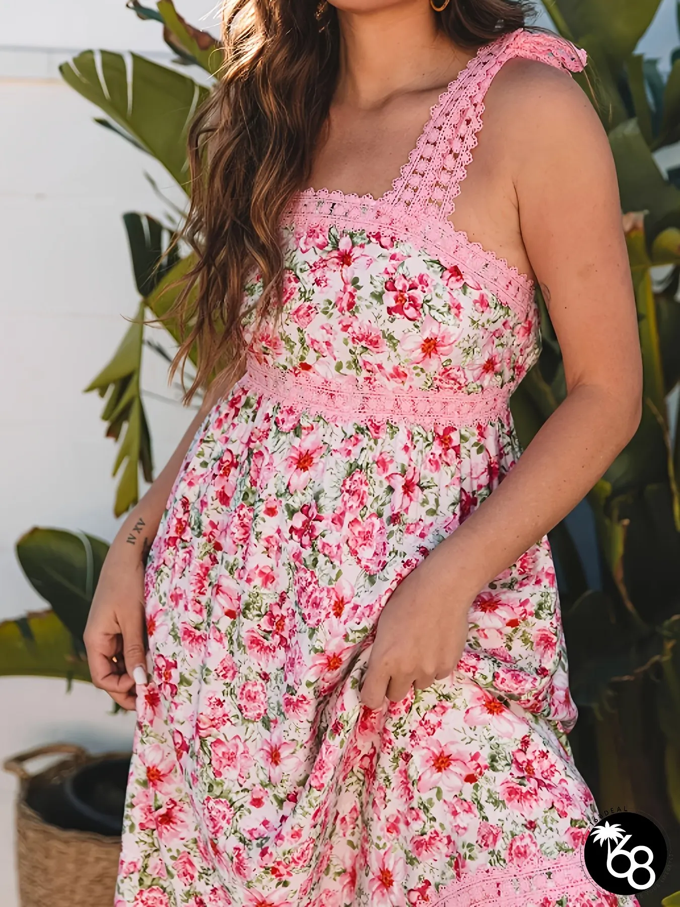 Lightweight Polyester Elegant Pink Floral Dress Lace-Up Shoulders Ruffled Hem Sleeveless | 168DEAL
