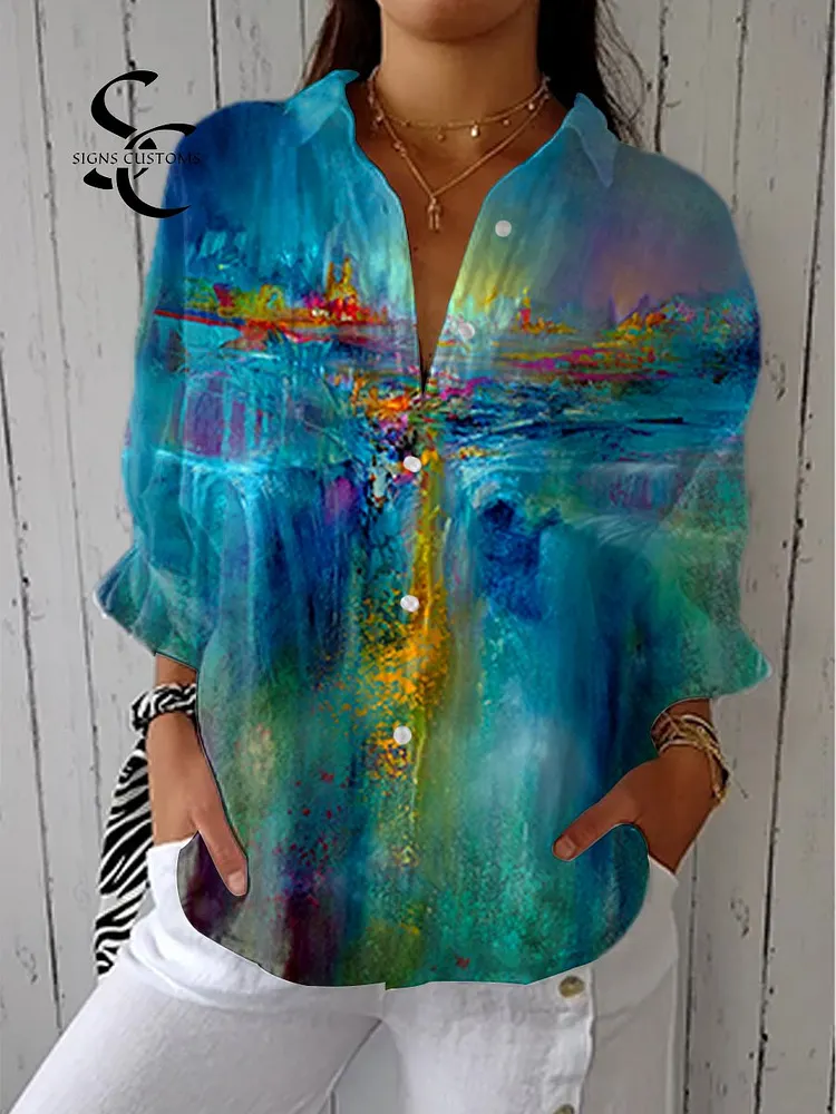 Women's Vintage Abstract Waterfall Painting Art Print Casual Linen V-neck Shirt