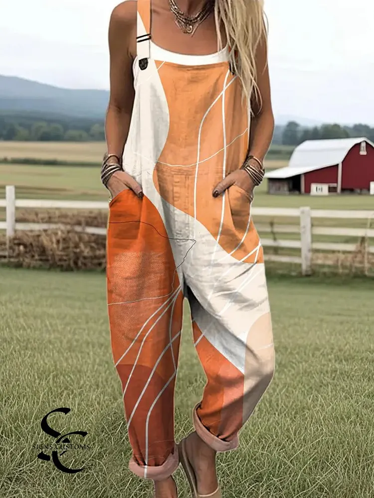 Women's Vintage Geometric Lines Art Print Casual 100% Cotton Wide Leg Jumpsuit
