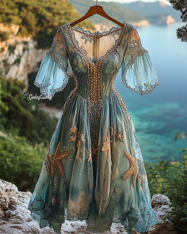 Summer Vacation Starfish Gradient Beaded Chiffon Dress 45f9