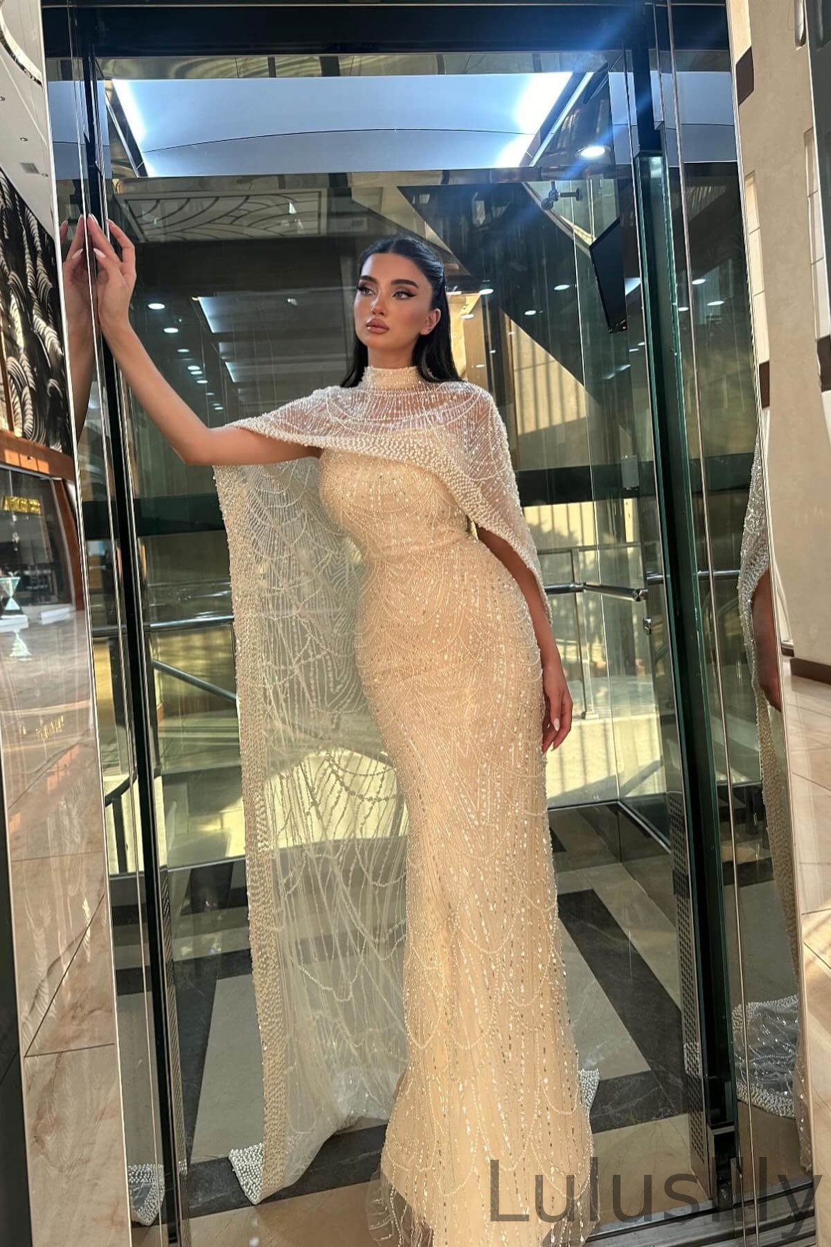 Classic Champagne Sleeveless Mermaid Evening Gowns With Sequins Pearls Long - lulusllly