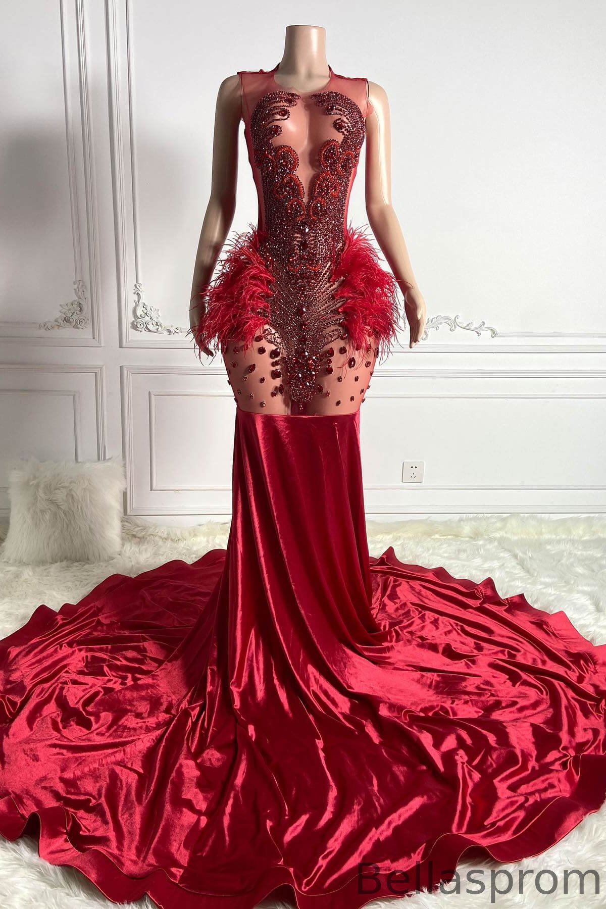 Bellasprom Red Scoop Sleeveless Mermaid Prom Dress With Beadings Crystals Feathers Bellasprom