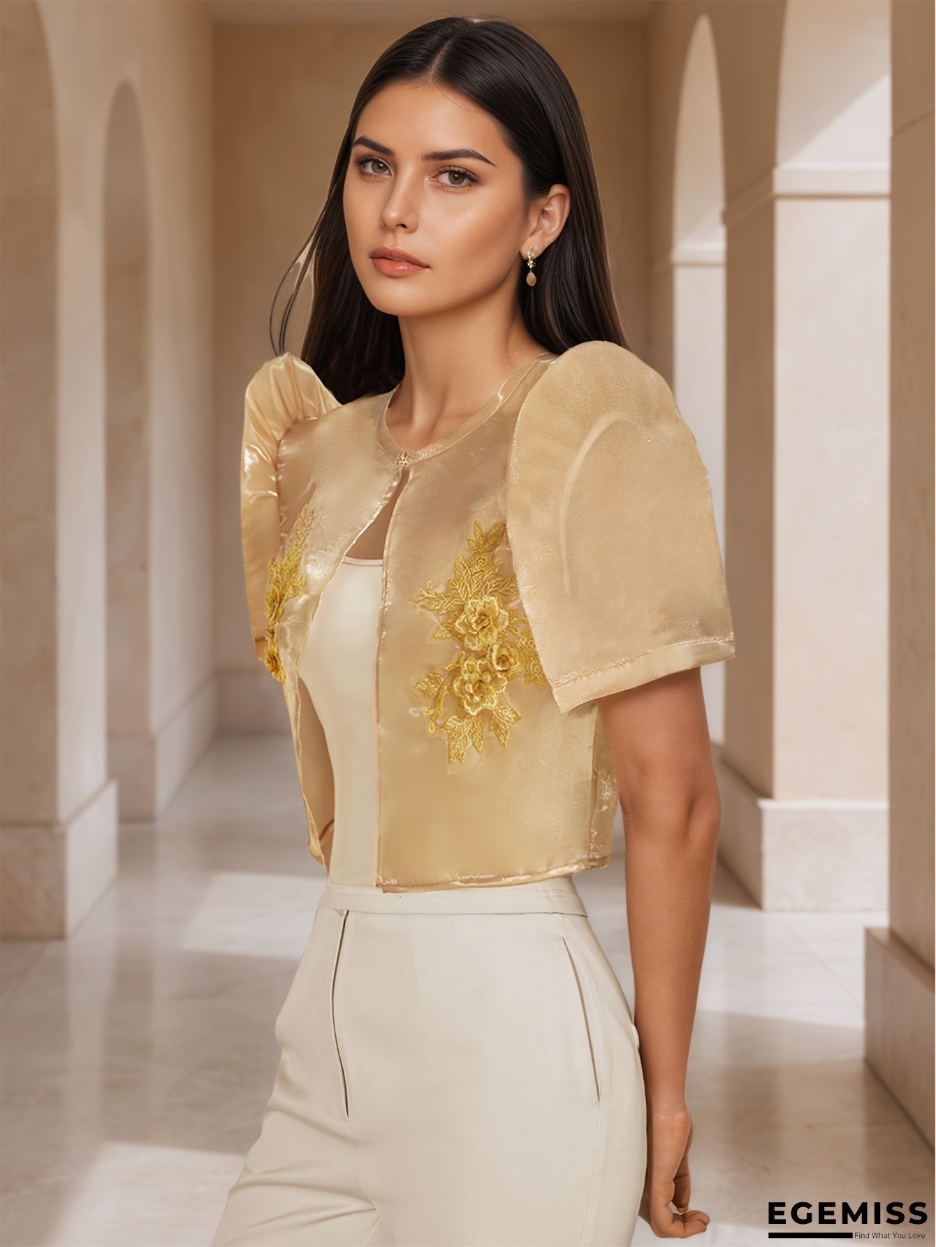 Elegant Floral Embroidered Blouse | Stand Collar, Puff Sleeves | Solid Color Beige | Ideal for Spring/Summer | Perfect for Casual Outings, Work & Graduation | Versatile Holiday Dress | EGEMISS