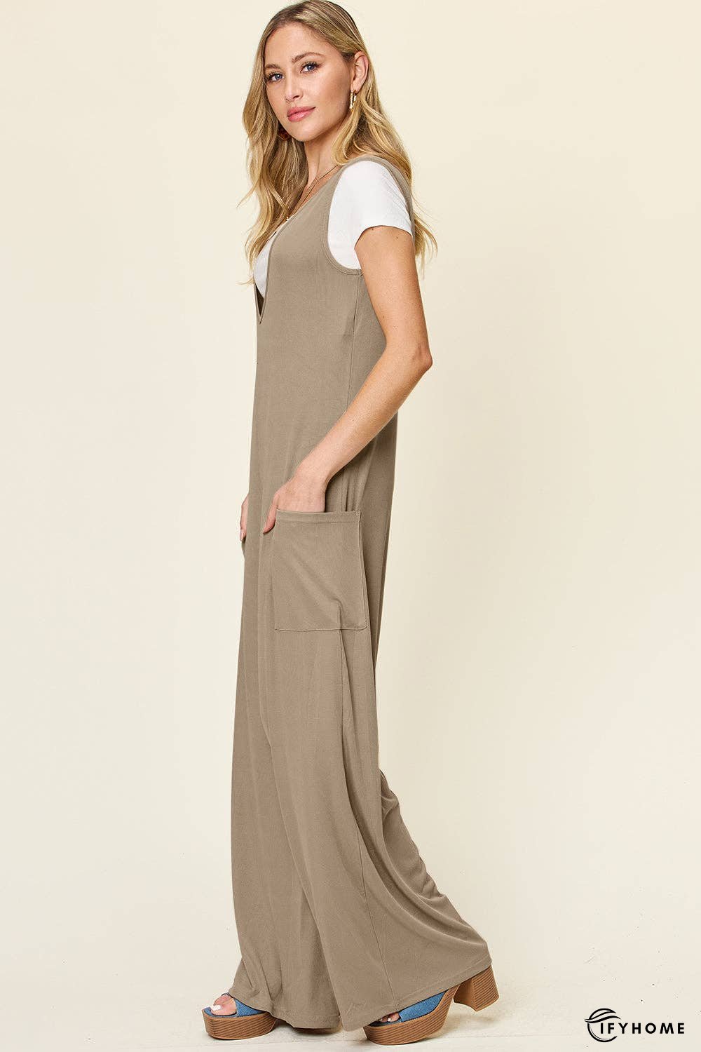 Double Take Full Size Sleeveless Wide Leg Jumpsuit with Pockets | IFYHOME
