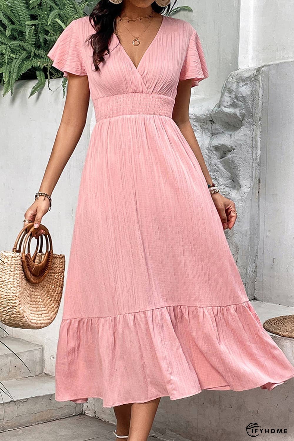 Surplice Neck Smocked Waist Flutter Sleeve Dress | IFYHOME