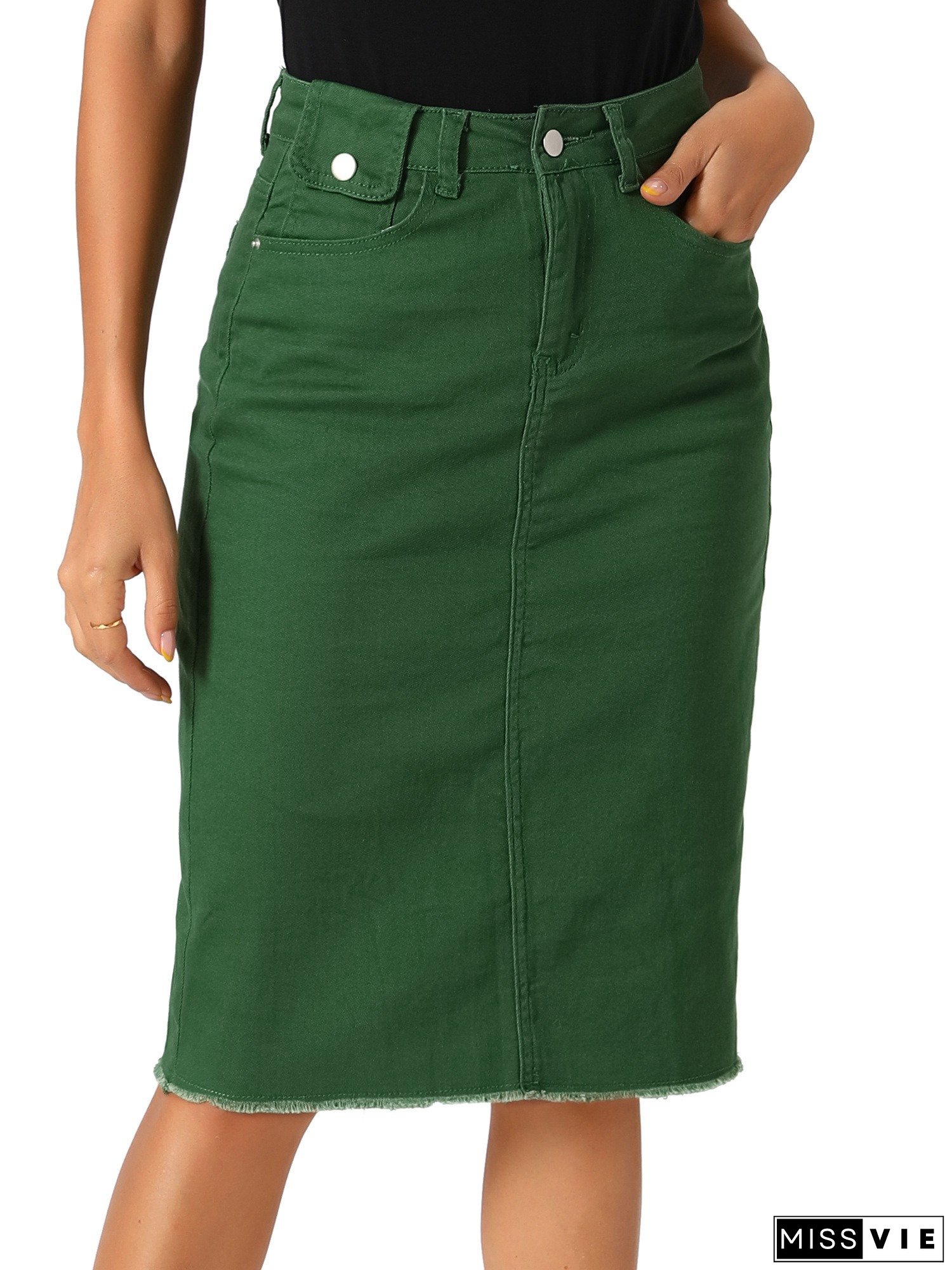 Women's High-Waist Stretch Denim Midi Skirt with Back Slit - Casual A-Line Jean Skirt, Yellow, Raw Hem, Slash Pockets, Relaxed Fit, Machine Washable, Perfect for Spring/Summer Outings, Denim Skirt