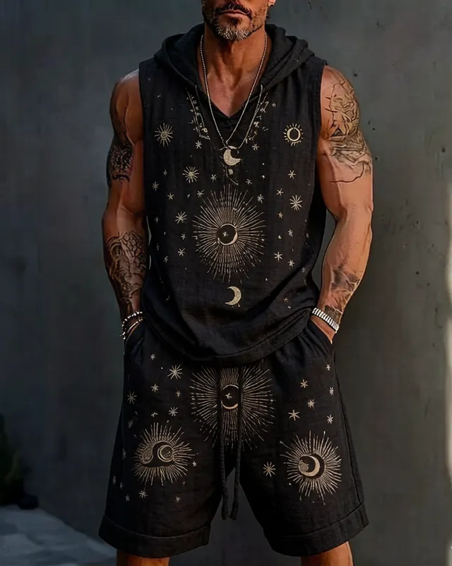 Men's Summer Outdoor Fashion Hippie Star and Moon Embroidered Top and Shorts Two-Piece Set 9223