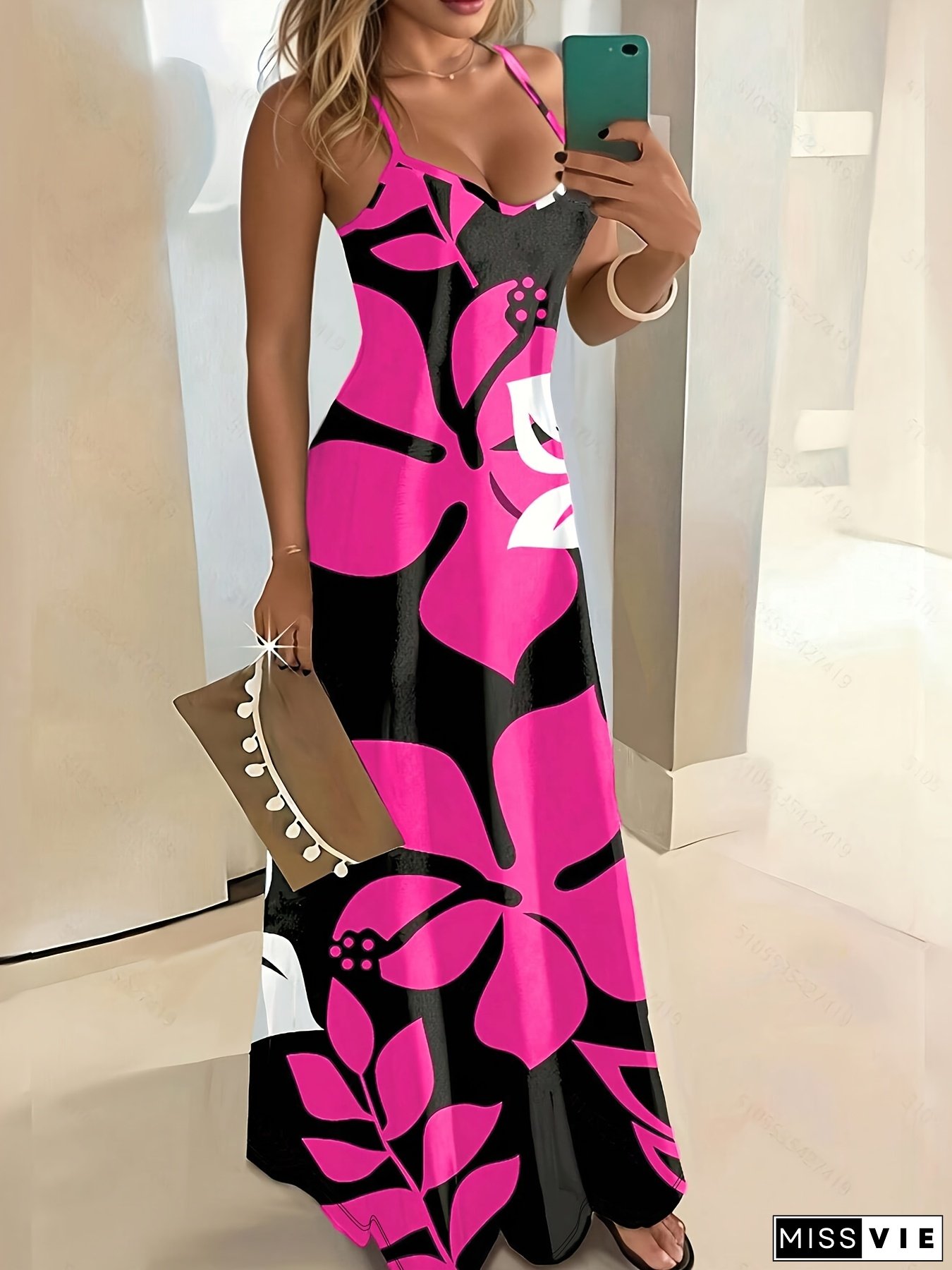 [Floral Maxi Dress] Stretchy Polyester Women's Floral Print Maxi Dress | Sleeveless V-Neck, Black and Pink Spaghetti Strap Design, Perfect for Summer Vacations, Casual Summer Wear