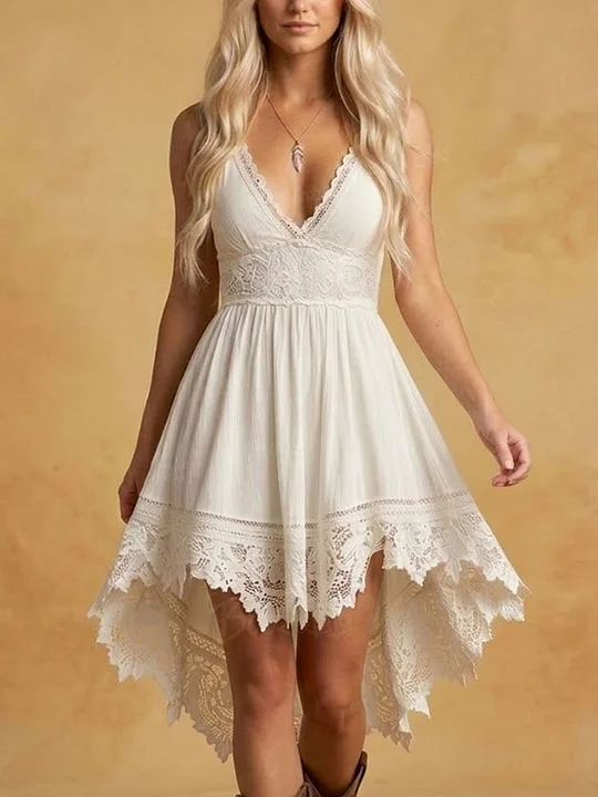 chinese dress ladies Queendancer Women Ivory Boho Lace Western Wedding Dress with Sleeves Deep  V-Neck A Line High-Low Cowgirl Wedding Dress  queendancer