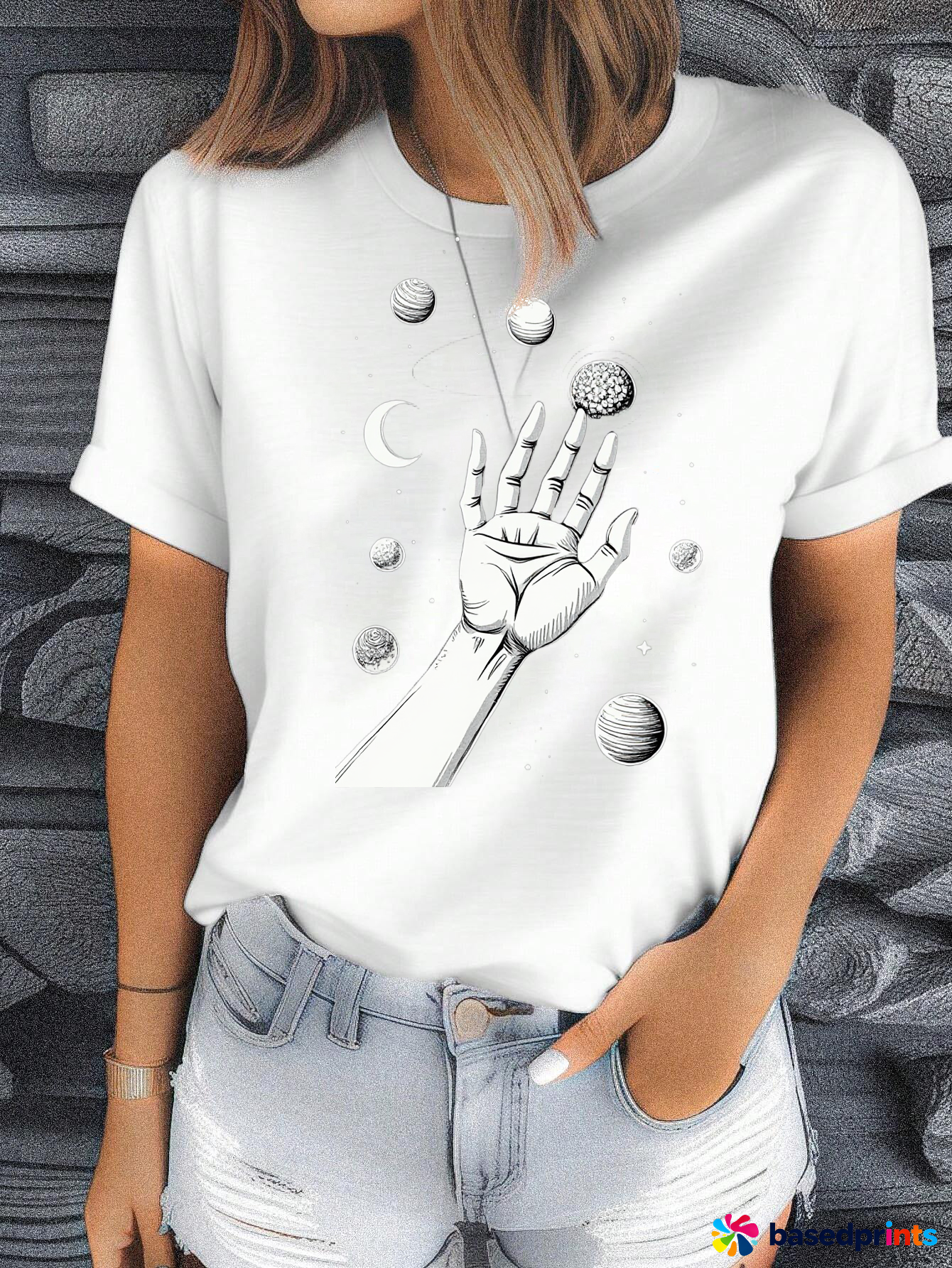 Space Hand Planets T-Shirt Women Casual Summer Short Sleeve Tops