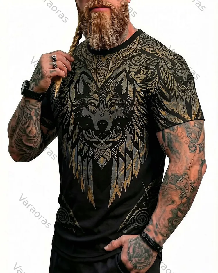 Men's Summer Viking Wolf Totem Print Short-Sleeve T-Shirt 1221