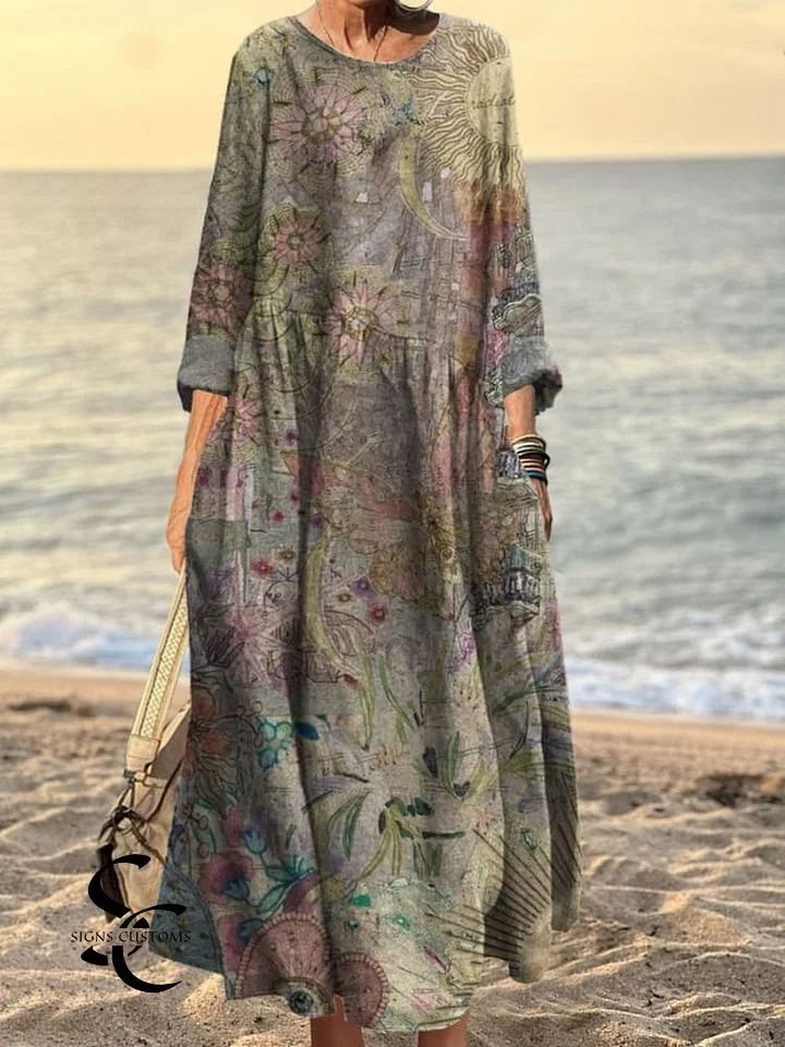 Women's Retro Floral Artwork Print Cotton Pocket Dress