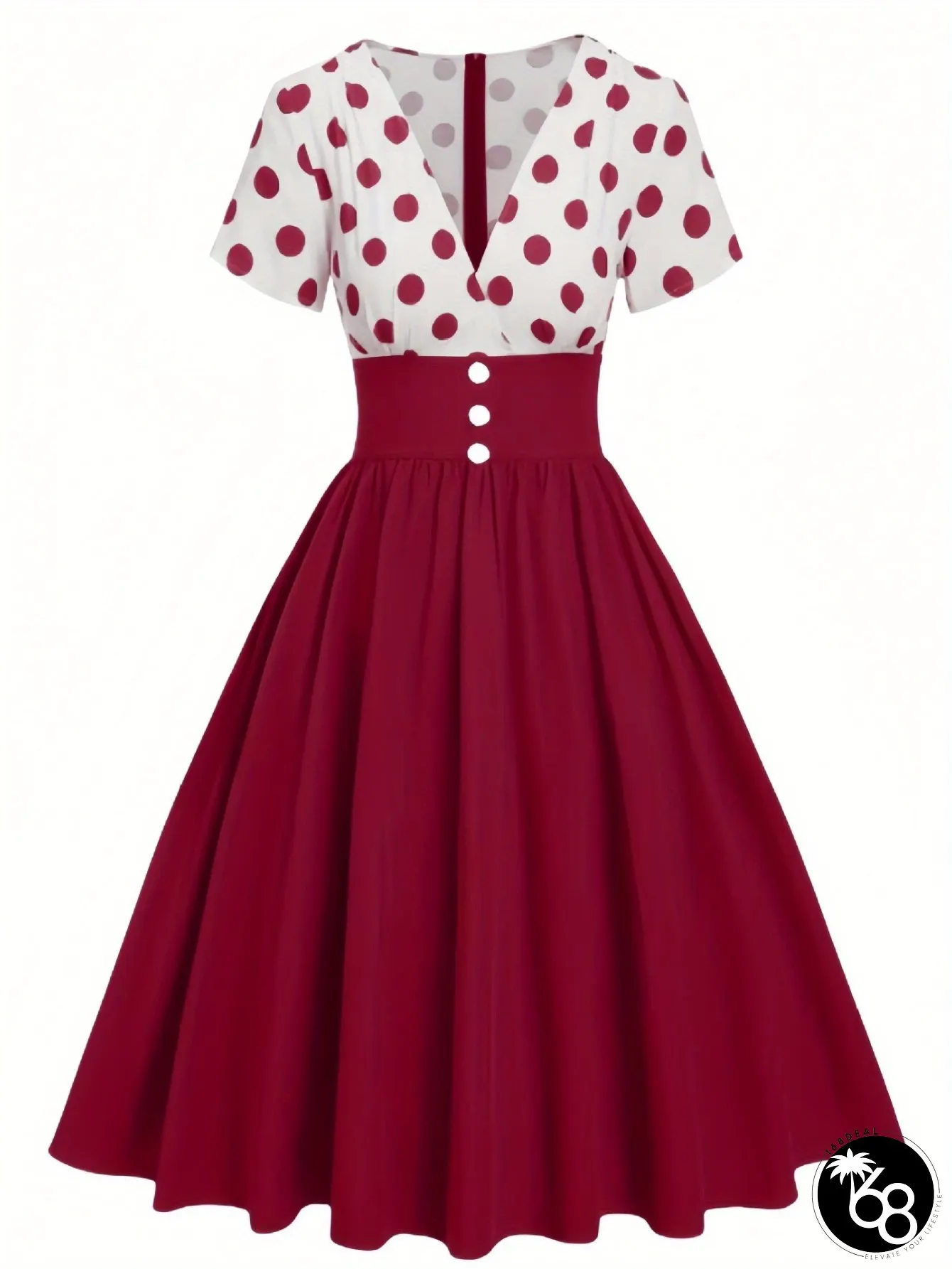 Vintage Green Polka Dot Dress With White Collar And Cuffs Short Sleeve Flared Skirt | 168DEAL