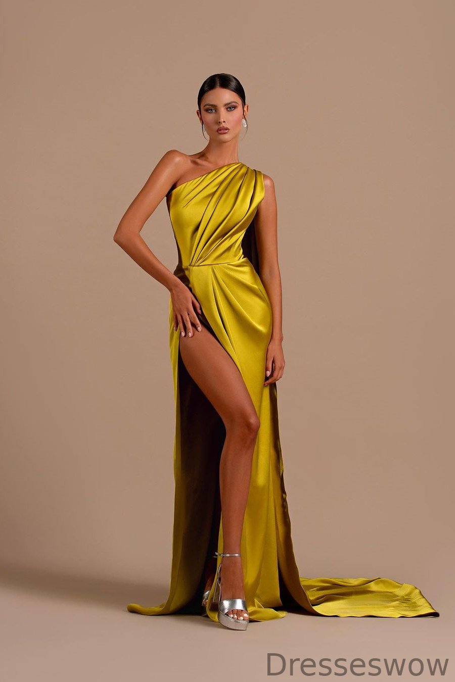Dresseswow Yellow Green One Shoulder Long Evening Gown With Split Ruffles Pleats