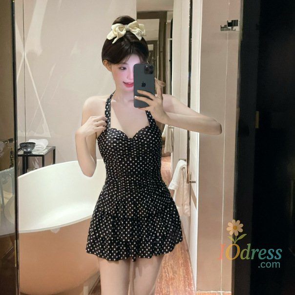IO Dress Women Hanging Neck Sweet Dot Swimwear Sexy One-piece Beach Wear Swim Suit Beach Dress Swimsuit High Waist Bathing Suit For Girls