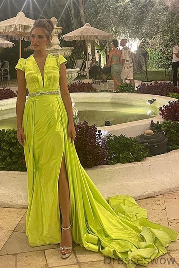 Dresseswow Yellow Green V-Neck Mermaid Evening Dress Cap Sleeves With Slit