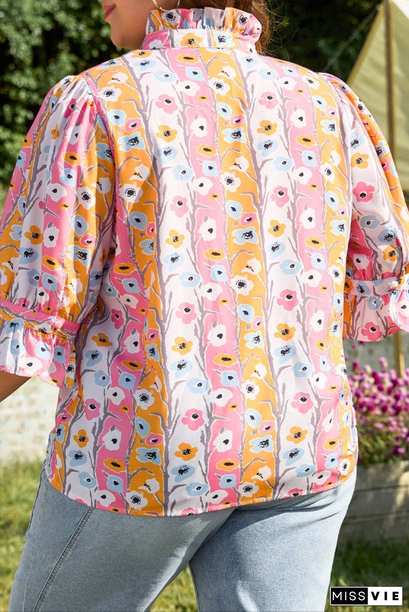 Plus Size Floral 3/4 Sleeve Spring Blouse