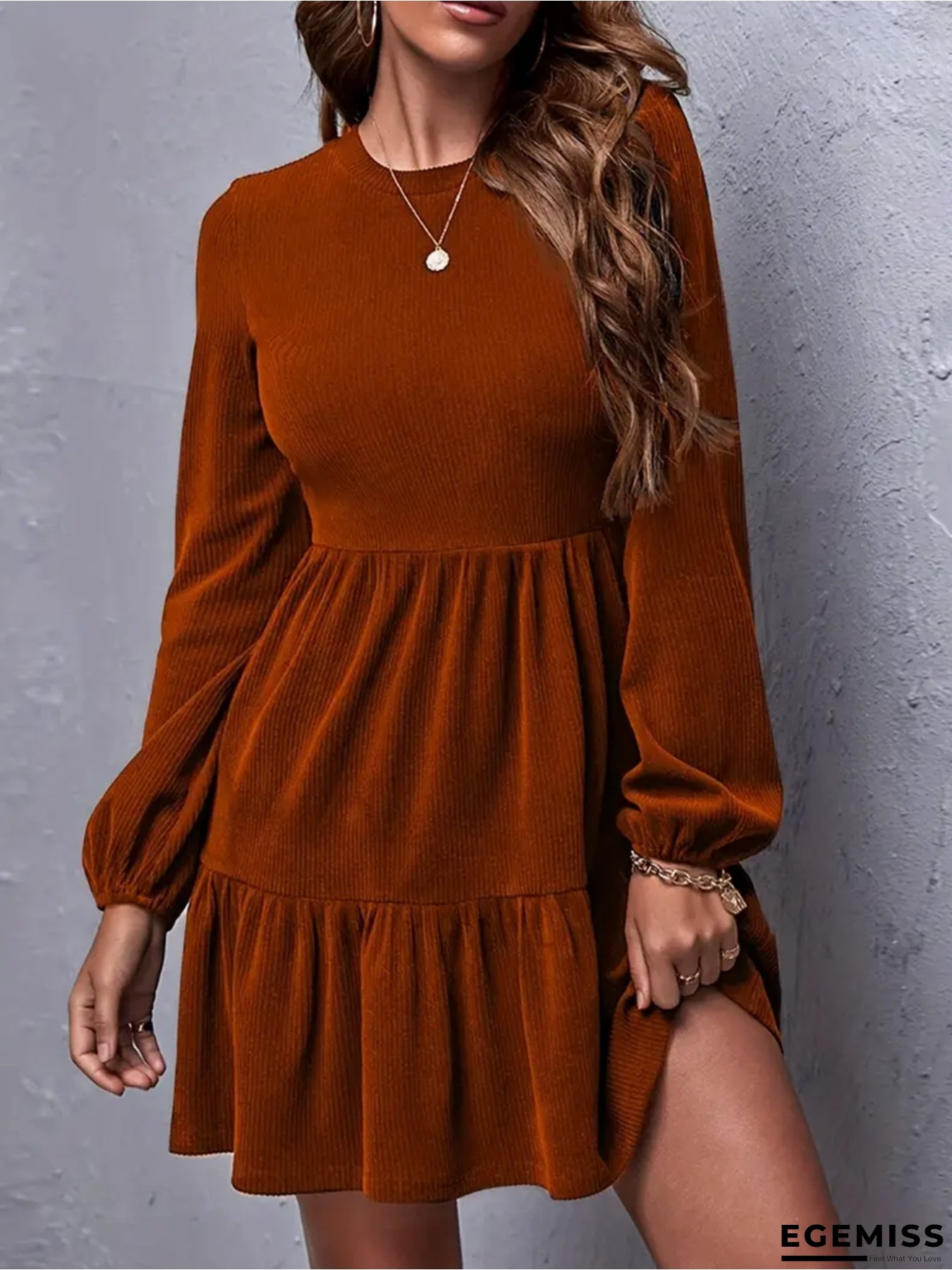 Women's Burgundy Round Neck Long Sleeve Dress With Puff Sleeves & Ruffled Hem - Fitted Short Dress, Machine Washable, Elegant Casual To Formal All-Season Wear | EGEMISS