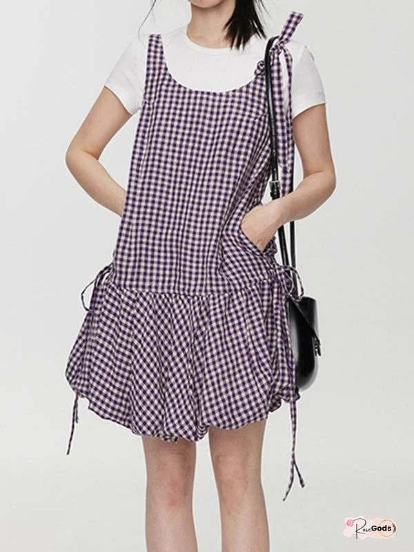 Strap Plaid Side Pocket  Pleated Hem Loose Mini Dress