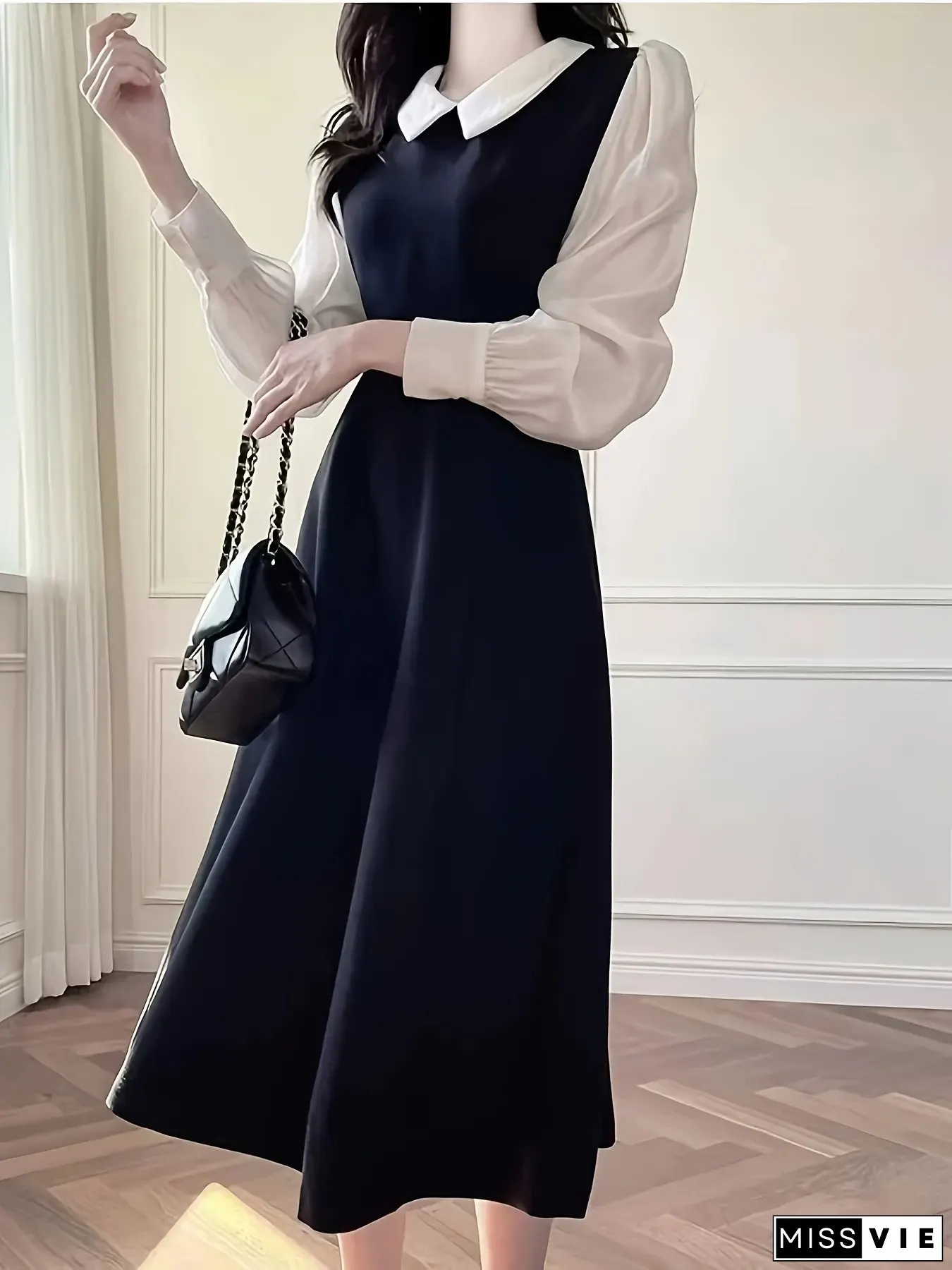 Elegant Polyester Fit And Flare Dress For Women Fall Winter Long Sleeve Lapel Collar