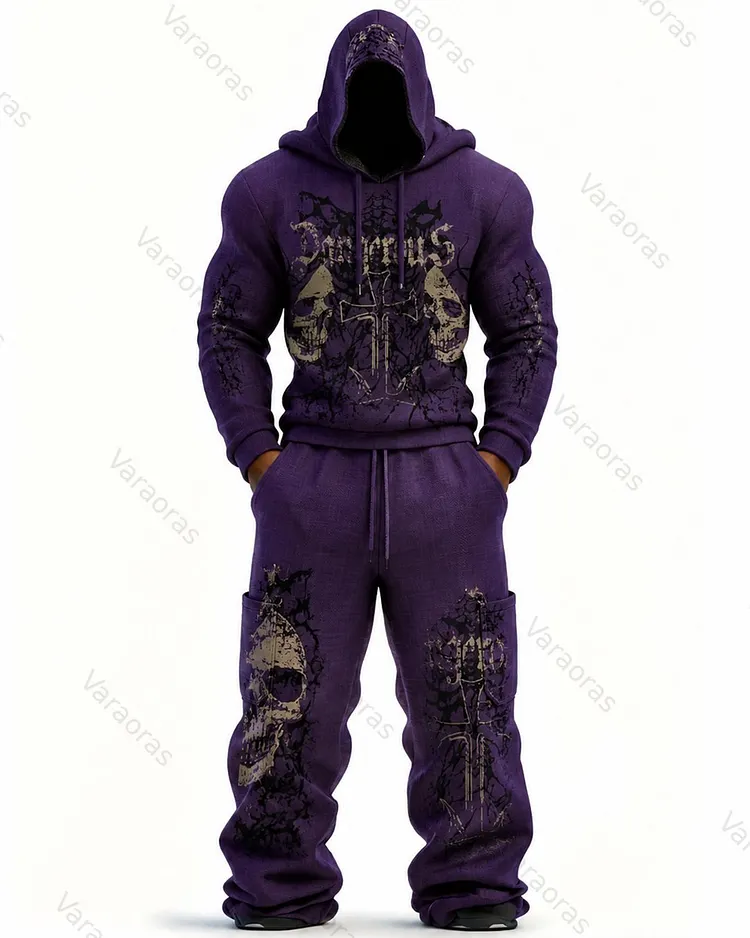 Men's Fashion Skull Print Hoodie & Pants Two-Piece Set 9043