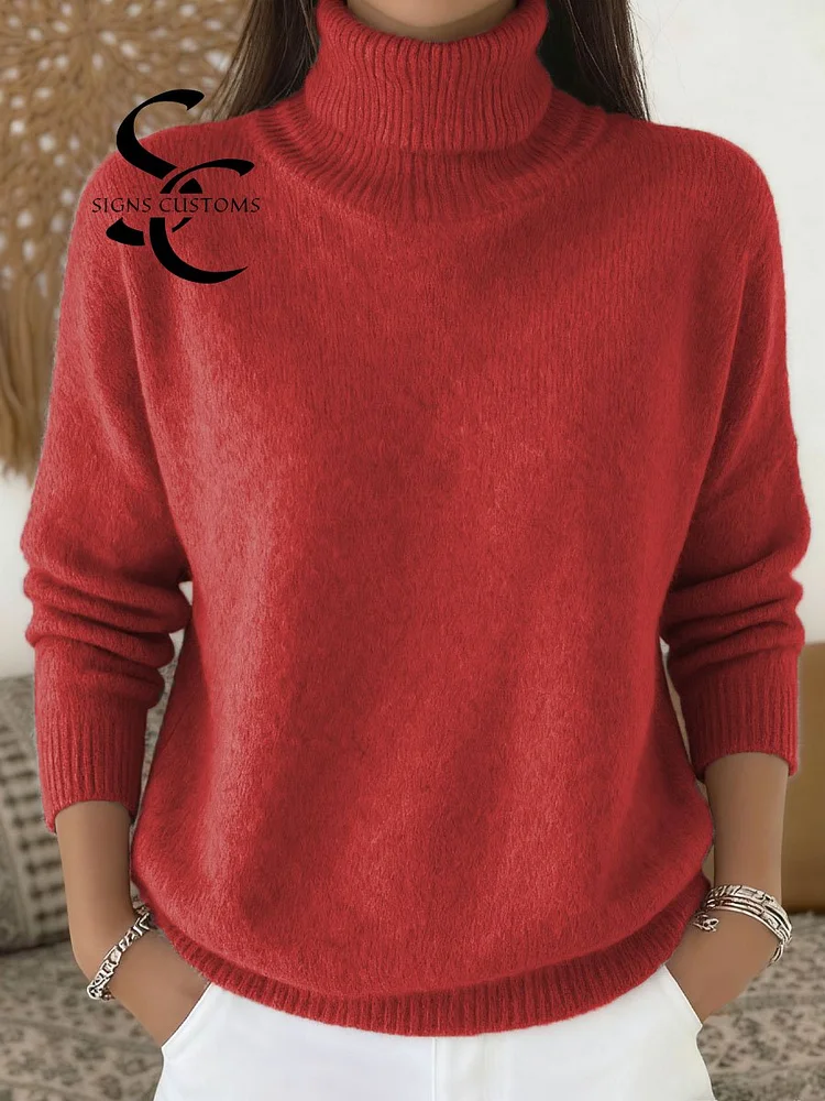 Women's Solid Color Casual Knit Turtleneck Pullover Sweater