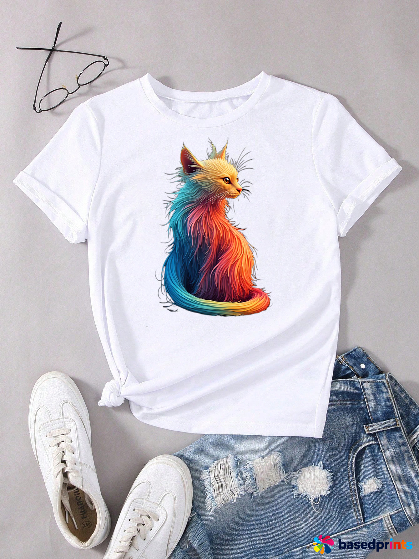 Colorful Cat Print T-Shirt Women Short Sleeve Casual Tee Tops