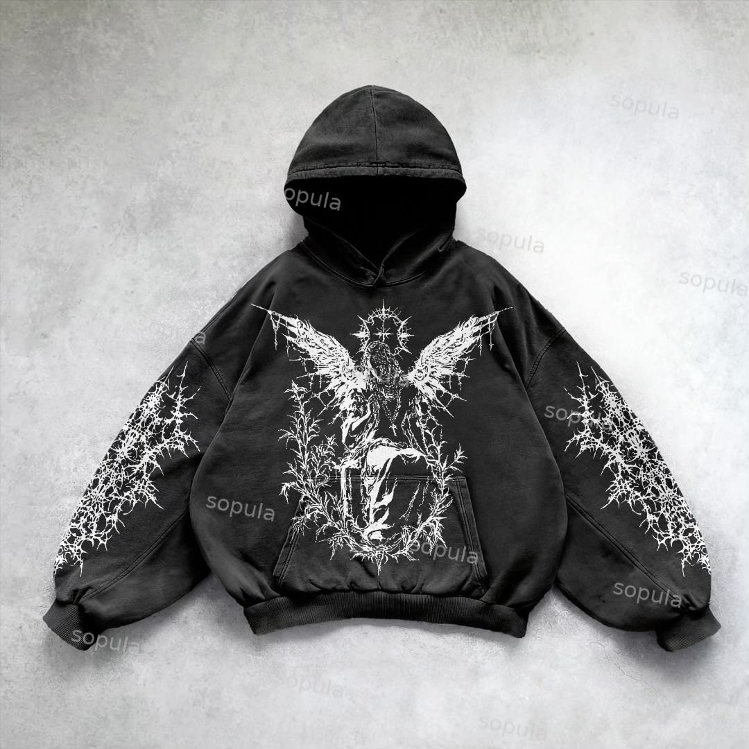 Vintage Angels Descend Graphic Acid Washed Oversized Hoodie