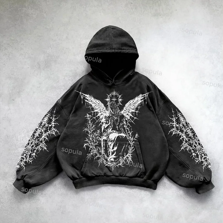 Vintage Angels Descend Graphic Acid Washed Oversized Hoodie