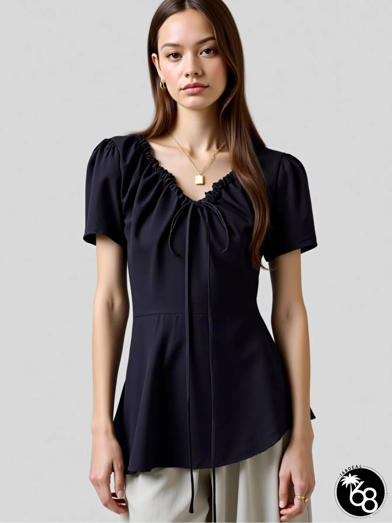 Womens Short-Sleeve Blouse With Puff Effect Short-Length Option Straight Shoulder | 168DEAL